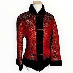 Chinese Oriental Floral Elegant Red Black Faux Fur Jacket Coat Blazer Satin S